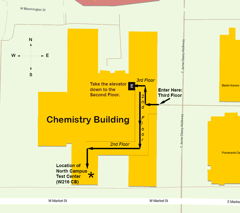 Map showing location of test center relative to the main entrance.