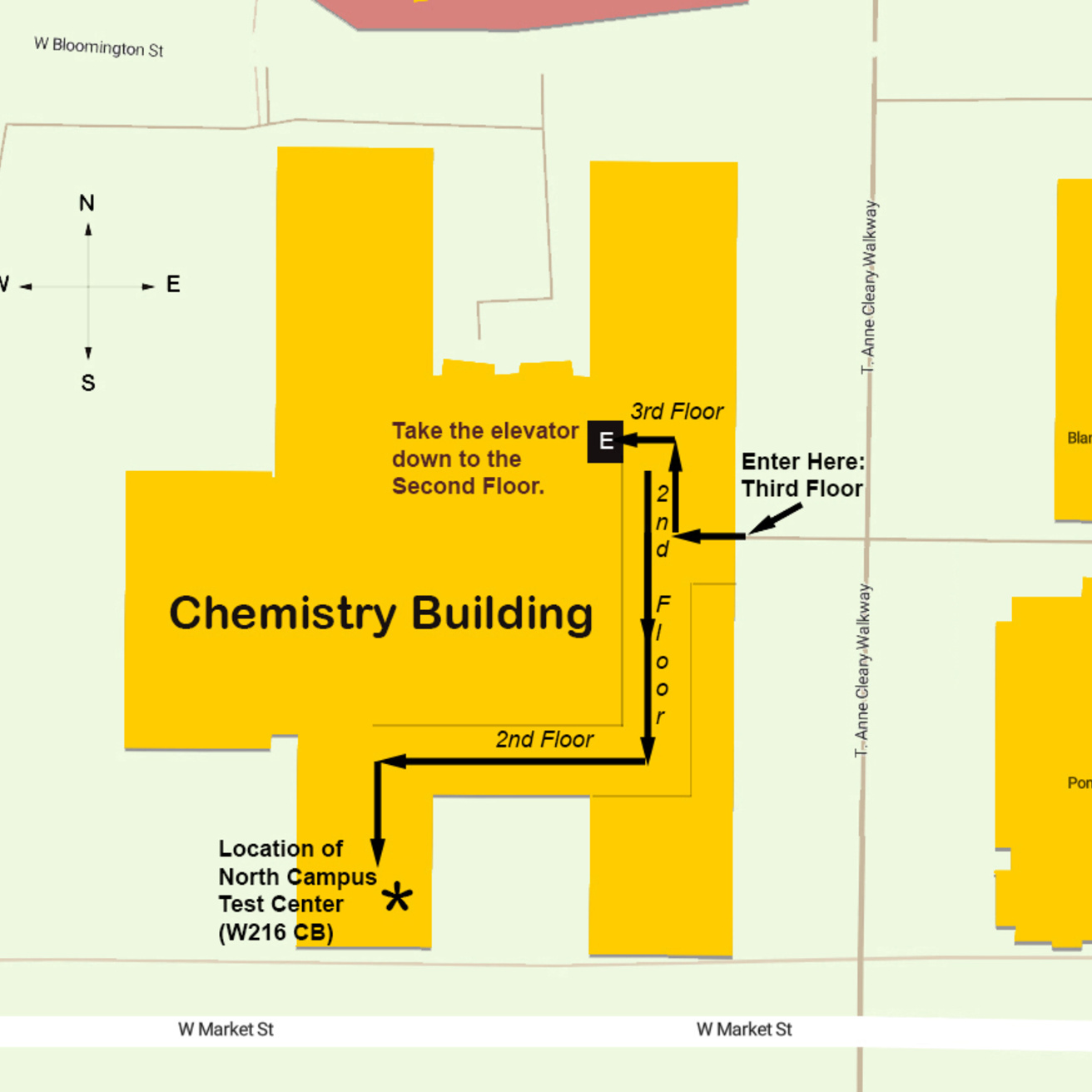 Map showing that entering the Chemistry Building on the third floor and descending to the second floor takes you to North Campus test center.